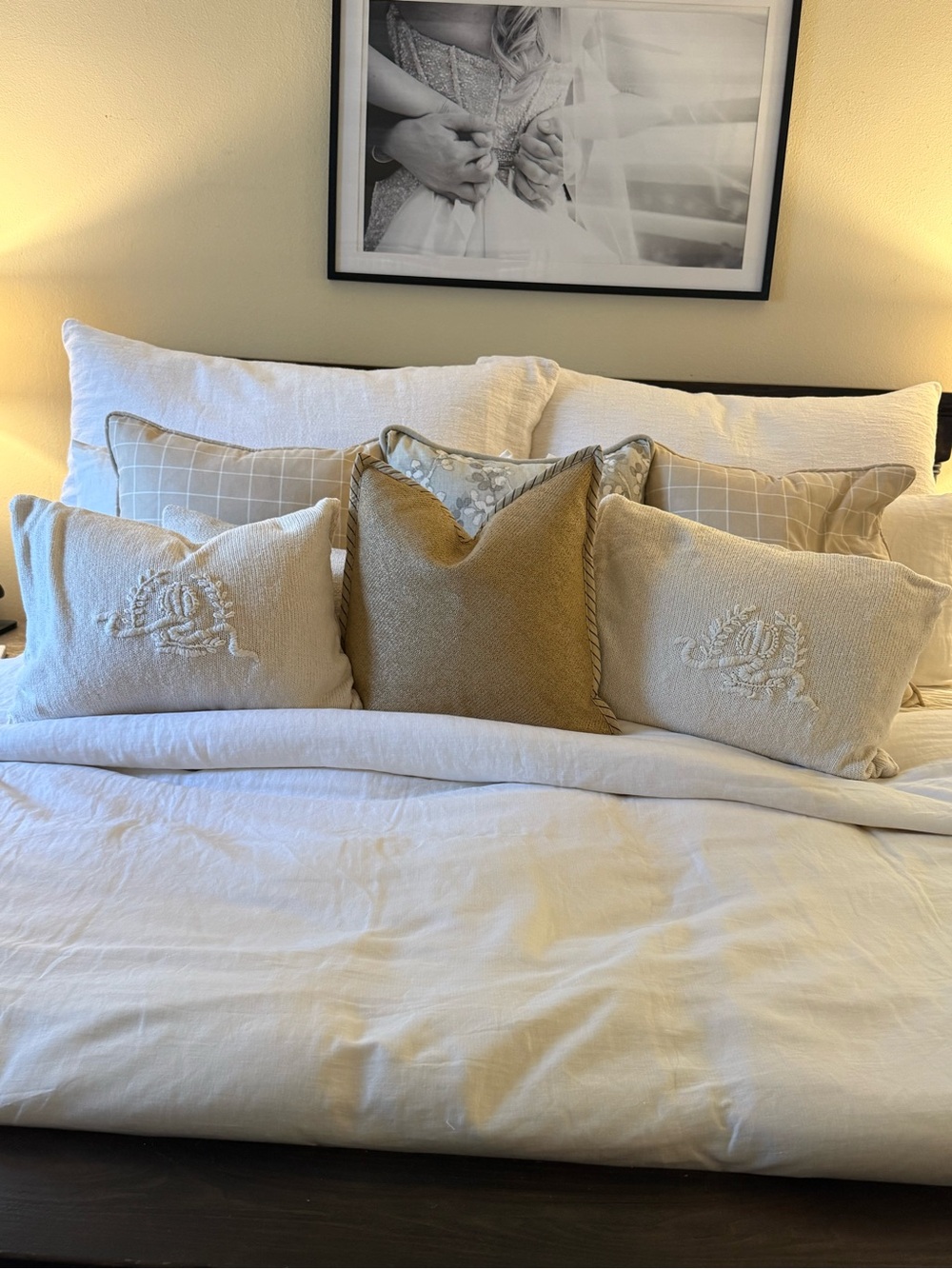 Ralph Lauren Lara crest knit pillows Ivory and stripe edge raffia pillow bundle